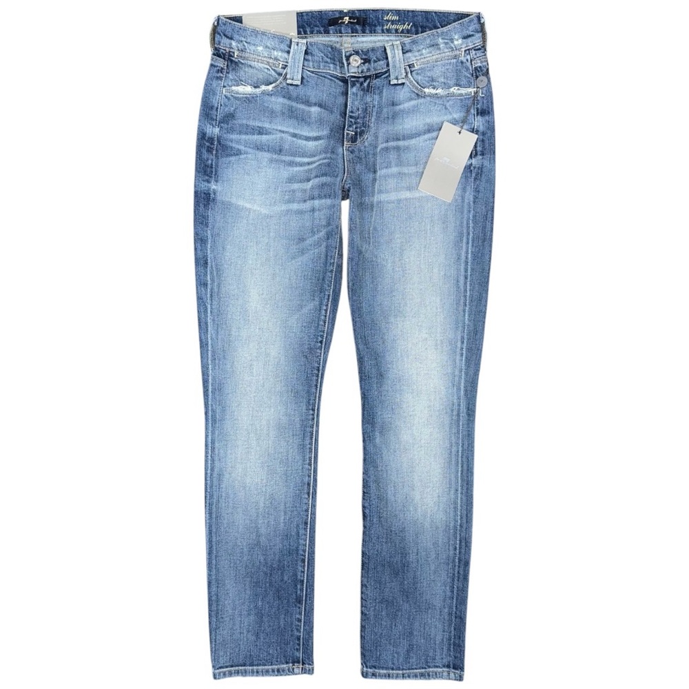 NWT 7 For All Mankind Slim Straight Jeans Women’s Size 26 Medium Wash Distressed